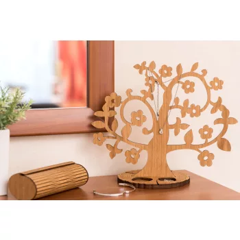   Krea-Wood jewelry holder, made by oak wood, with flowers, natural colour