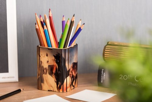 Krea-Wood wooden handmade pen holder, horses