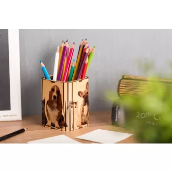 Krea-Wood wooden handmade pen holder, cat and dogs design