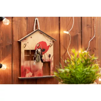 Krea-Wood house shaped key holder, poppy flower
