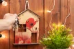 Krea-Wood house shaped key holder, poppy flower