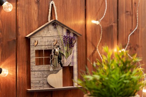 Krea-Wood house shaped key holder, lavender design