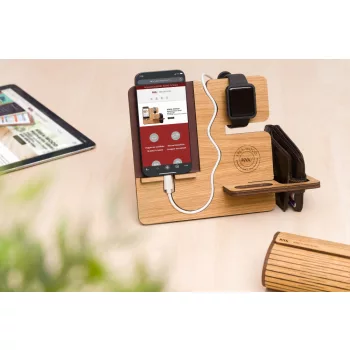   Krea-Wood FirstLeather mobile phone holder in natural colour, with real leather cover