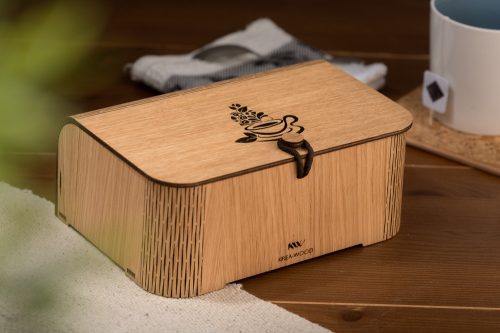 Krea-Wood tea box, made of oak wood with a tea cup motif, in natural colour