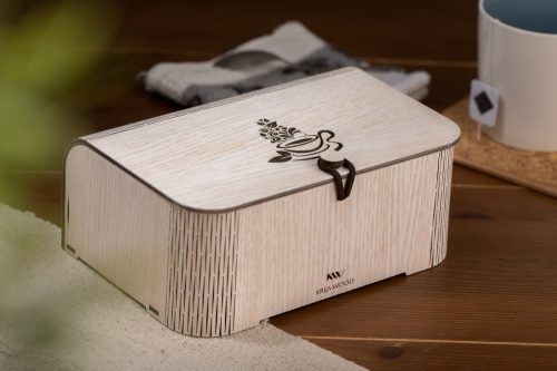 Krea-Wood tea box, made of oak wood with a tea cup motif, in white colour